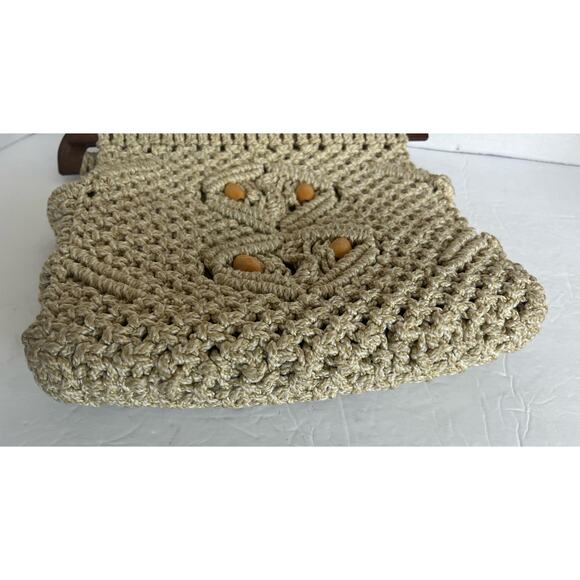 Handmade Ivory/Brown Boho Crochet Knit Macrame Beaded Wooden Handles Bag Purse - Picture 5 of 8